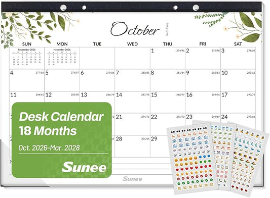 SUNEE Desk Calendar 2027 - 17" x 12" Desk Pad Calendar, 18-Month Monthly Planner Oct. 2026 - Mar. 2028, Desktop Calendar with 308 Planner Stickers, Plastic Protective Corners for Office, School and Home, Greenery
