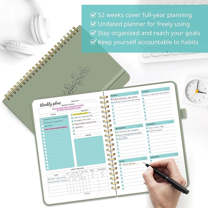 Taja Undated Weekly Planner, Weekly To Do List Notebook with Goal & Habit Tracker Organizer, A5 Weekly Planner Notebook with Spiral Binding, 6.1" x 8.2" - Green