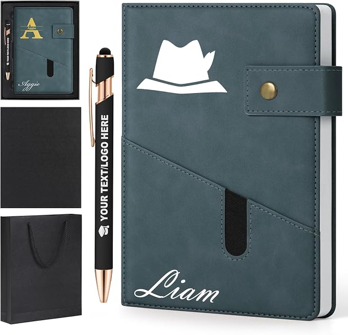 ENOMY A5 Personalized Notebook Journal with Pen & Gift Set Custom Hardcover Notebook 200 Pages Thick Daily Diary for Men Women Lined Journal for Work College Travel Writing, Grey Blue