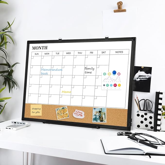 Monthly Dry Erase Calendar Whiteboard with Corkboard, 24" x 18", Black | Magnetic, White Board Cork Board Combo, Double Sided, Wall Mounted, Aluminum Frame, for Home, Office, Kitchen, Dorm