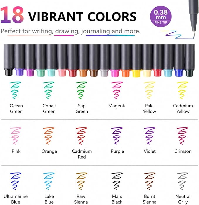 iBayam Journal Planner Fineliner Pens Fine Point 0.38mm, Cute School office | 18 Vibrant Colors, Smooth Writing, Art Markers for Bullet Journaling Note-taking Scrapbooking Calendar, Drawing Sketching Pen