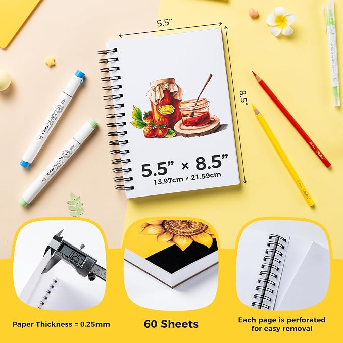 Ohuhu 5.5"x8.5" Marker Paper Pad Art Sketchbook for Drawing and Sketching | Small Sketch Book - 120 LB/200 GSM Smooth Drawing Paper - 60 Sheets/120 Pages - Spiral-Bound Sketch Pad for Alcohol Markers