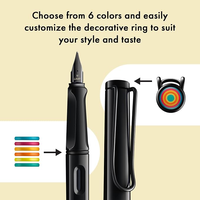 Lamy safari multicolor Fountain Pen Set all black – Special Edition with 6 Interchangeable Colored Rings – Steel Nib in Width F – incl. blue Ink Cartridge T10 & Gift Box