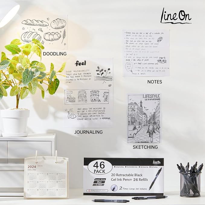 Lineon 46 Pack Black Gel Ink Pens (20 Gel Pens with 26 Refills) Medium Point Retractable Writing Smooth Writing with Comfortable Grip for Office School