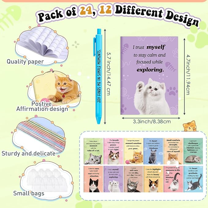 Mooliwe 48 Pcs Positive Affirmation Gift Set Gratitude Notebooks with Pens Small Bags Motivational Encouragement Notepads Daily Affirmations Journal for Women Stress Relief Self Care (Cat)