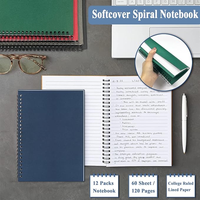 12Pack Small Spiral Notebook, 5.5 x 8.3” Notebook for Work 120Page Notepads | Multipack College Ruled Notebook Bulk Spiral Bound A5 Small Notebook Journal Lined for Office Note Taking Journaling Writing
