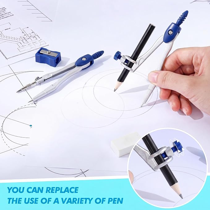 Zonon Math Geometry Set for Students 10 Pcs Compass Geometry Tools Kit Includes Protractor Compass Lead Refills Rulers Pencil Sharpener Eraser Pencil Storage Box for Drafting and Drawings(Dark Blue)