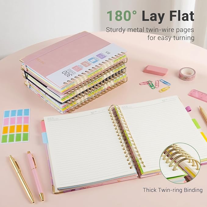 Hardcover Spiral Journal Notebook, 300 Pages 5 Subject Notebook College Ruled with Removable Dividers Tabs, 8" x 10" Notebooks for Work, Spiral Ruled Lined Writing Journal Hardcover Leather Notebook for School (Matcha Green, 8''x 10'')