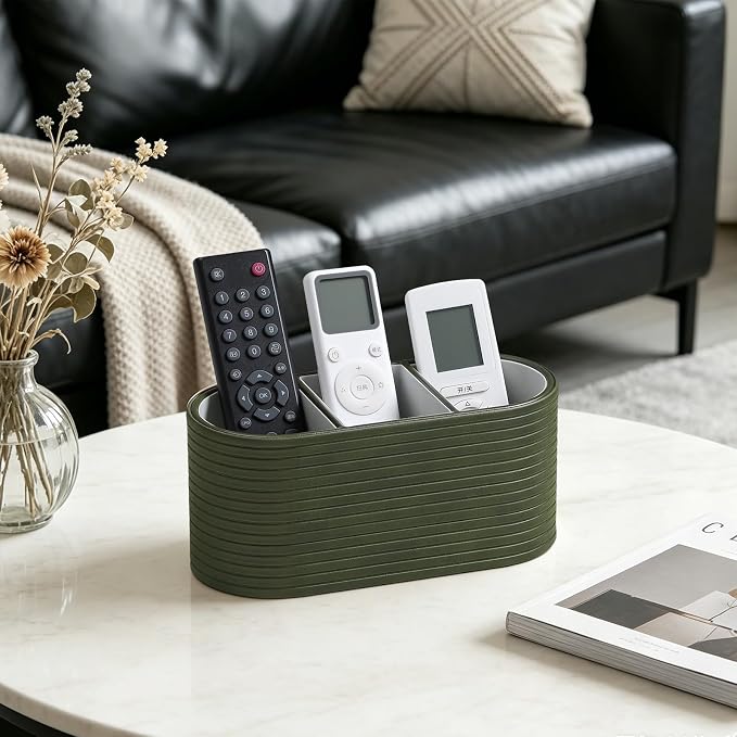 PU Leather Remote Control Holder, Modern Oval Pen Holder for Desk, 3-Compartment Desk Caddy for Remotes, Glasses, Pens, Small Desk Organizer for Nightstand, Coffee Table, Office (Olive Green)