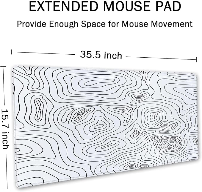 SSOIU White Topographic Desk Mat - Extended Gaming Mouse Pad (35.5x15.7 in), Large Non-Slip Rubber Base with Stitched Edges