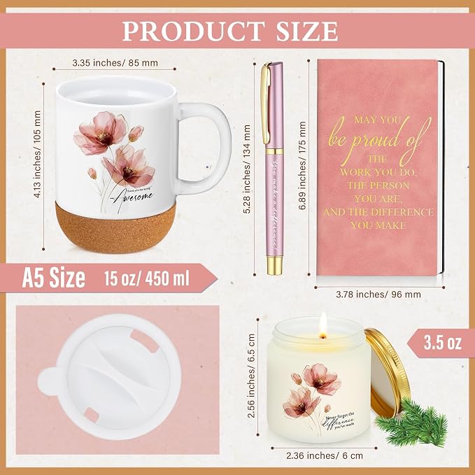 Sayglossy 4 Pcs Thank You Gifts Set for Women Back to School Teacher Appreciation Gift Leather Notebook Pink Flower Coffee Mug Scented Candle Ballpoint Pen for Employee Coworker DSP Housekeeping Week