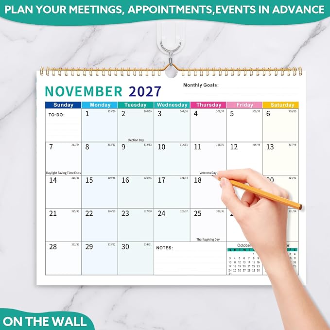 2026-2027 Wall Calendar, 14.5" x 11.8" 18 Month Colorful | July 2026-December 2027 120Gsm FSC-Certified Paper Monthly Calendar, Twin-Wire Binding, Ruled Blocks, Holiday Reference