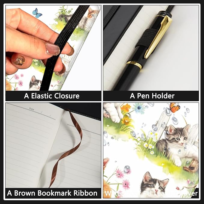 A5 Leather Lined Journal Notebook, 200 Pages Hardcover Executive Notebook for Office School Note Taking, Thick Writing Paper Daily Journal with Bookmarks/Indexes, Watercolor Cats and Flowers