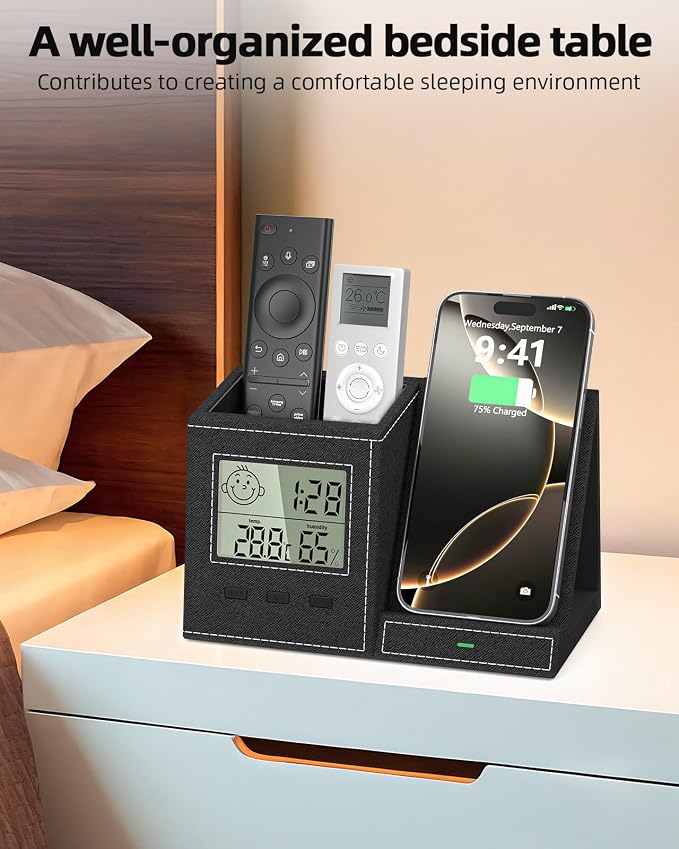 Desk Organizer with Wireless Charger, Digital Clock, Thermometer & Hygrometer - Multi-Functional Pencil Holder, Office Desk Accessories Storage Caddy for Home, Office, Men, Women (Battery Included)