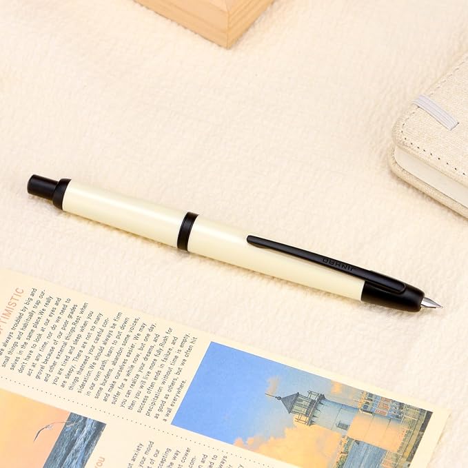 Jinhao 20 Press Fountain Pen, Ivory White Retractable Fine Nib with Ink Converter Set (Black Clip)