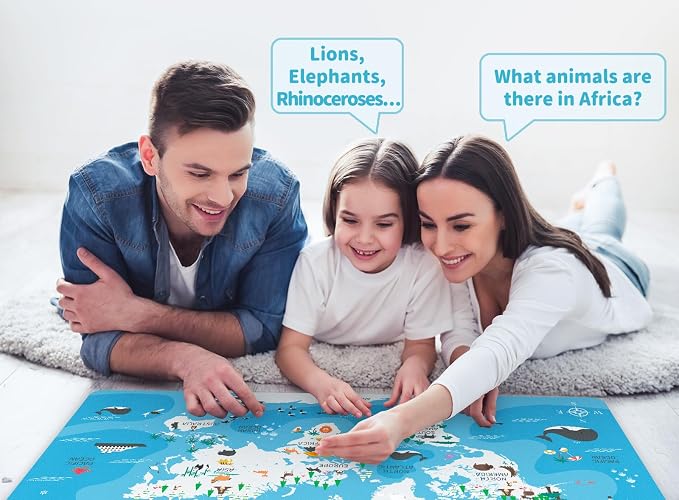 Kids World Map Desk Mat PU Leather Study Pad, 34.5"x15.7" | Non-Slip Waterproof Desk Pad for Boys & Girls, Learning Geography Study Mat, School Desk Protector, Gift for Children