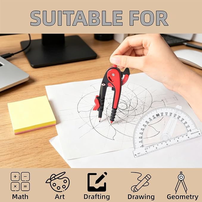 Vobou Compass and Protractor Set, 6 Inch Protractor with Swing Arm (Orange) | Compasses for Math for Drafting, Sharpener, Eraser and 180 Degree 6 Inch Clear Protractor, Easy Grip, School Supplies