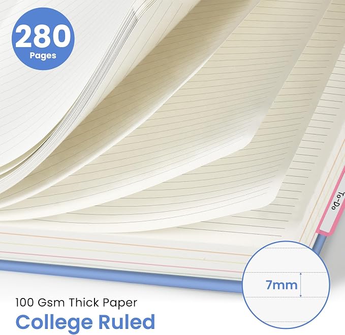 Hardcover Spiral Journal Notebooks for Work With Removable Dividers & Tabs, 8.5"x11" 5 Subject Notebook for Note Taking & Organizer, A4 College Ruled Lined Journal for Women & Writing, Lavender, 280 Pages