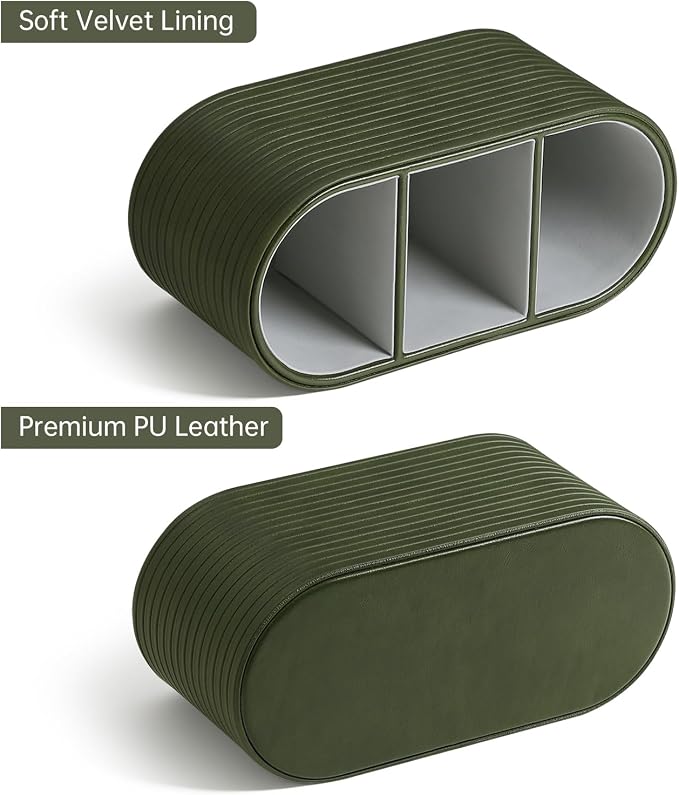 PU Leather Remote Control Holder, Modern Oval Pen Holder for Desk, 3-Compartment Desk Caddy for Remotes, Glasses, Pens, Small Desk Organizer for Nightstand, Coffee Table, Office (Olive Green)