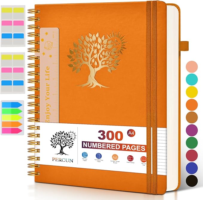 PERCUN Spiral Notebook 300 Numbered Lined Pages Hardcover Journal 8.5"x11" | College Ruled Spiral Bound Notebook with Tabs, A4 Large Leather Journal for Women Men, Work, School, Writing & Note Taking