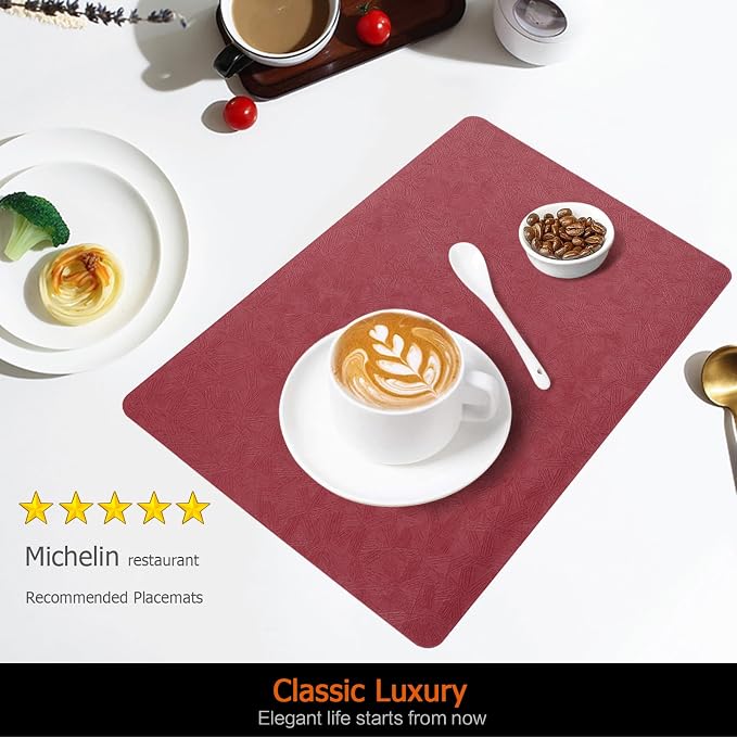 Red Plastic Placemats Set of 8, Faux Leather Waterproof Table Mats | Red Vinyl placemats,Wipeable and heat resistant table mats.Easy to clean,great for indoor and outdoor