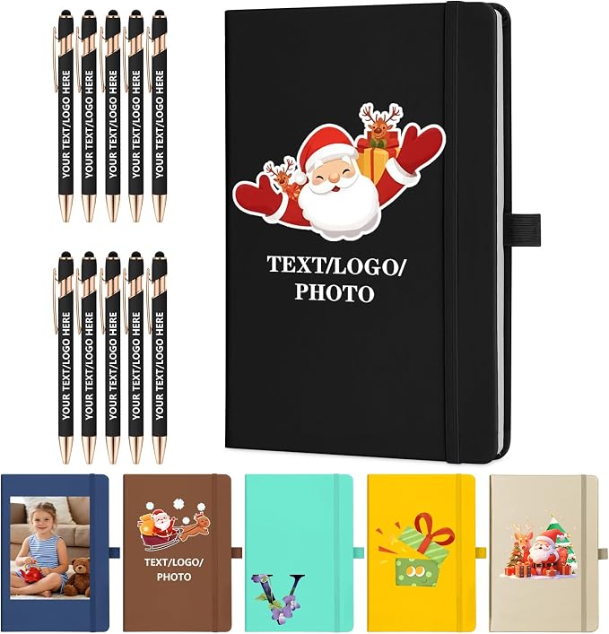 ENOMY Personalized Notebook & 10 PC Pens Gift Set Custom Notebook Journal A5 200 Pages A5 Lined Journal for Men Women Hardcover Notebooks for Work College Graduation Gifts, Black