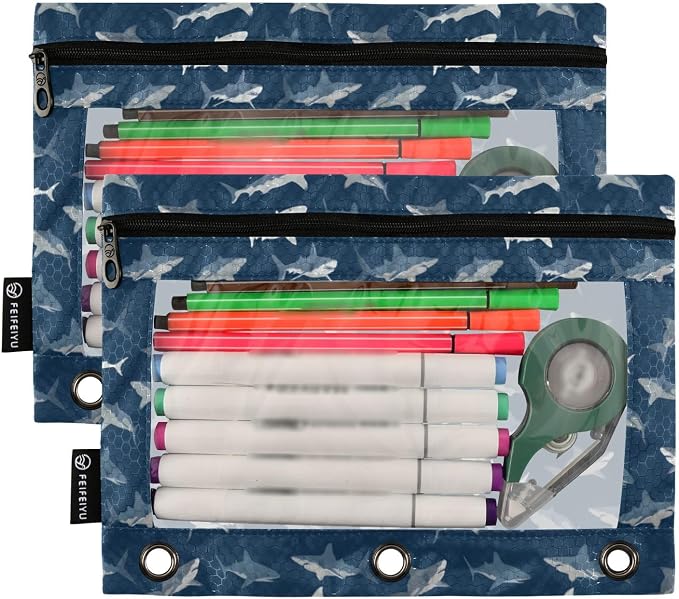 ALAZA Pencil Pouch for 3 Ring Binder, Blue Ocean Sea Shark Fish Binder Pencil Pouches with Clear Window Zipper Pencil Case Cosmetic Bags for Office College Supplies, 2PCS