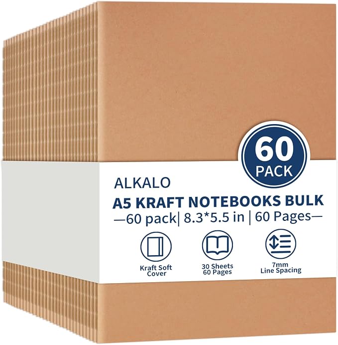 60 Pack A5 Ruled Lined Kraft Notebooks Bulk, Journaling Notebooks, A5 Lined College Ruled Notebook, 8.3x5.5 Inches 60 Pages Travel Journal Notebooks Set for Work, School, Writing