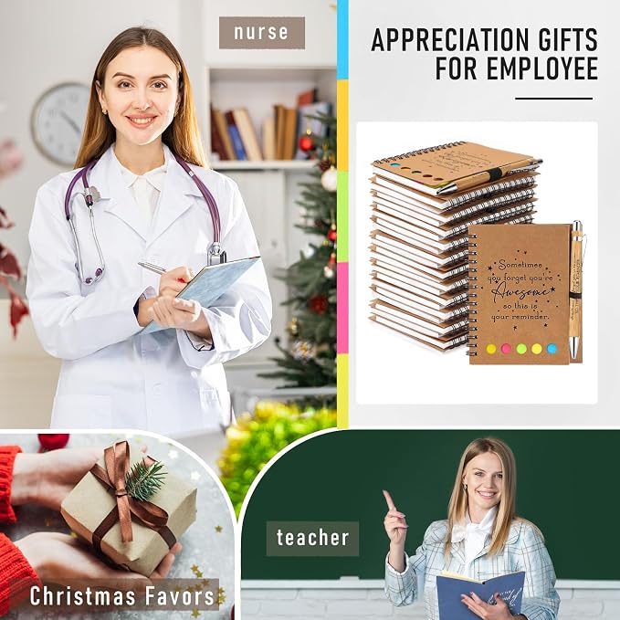 Chuangdi 60 Sets Back to School Teacher Gifts Appreciation Journal Inspirational Notebook with Sticky Notepad Ballpoint Pen Bulk Thank You Gifts for Student Staff Team Coworker Nurse(Kraft)
