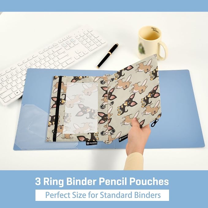Chihuahua Puppy Pencil Pouches for 3 Ring Binder 2 Pack | Binder Pencil Case With Zipper Reinforced GrommetsPencil Bags for Office Organizers
