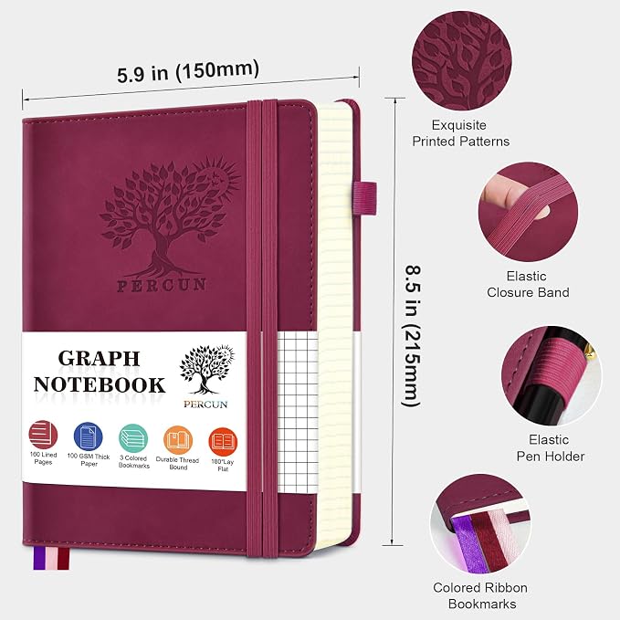 PERCUN A5 Graph Paper Notebook, Leather Journal, 160 Pages Grid Notebook | 5.9"x8.5" hardcover journal with quad ruled paper for work, school, writing, notes, journaling and daily planning.