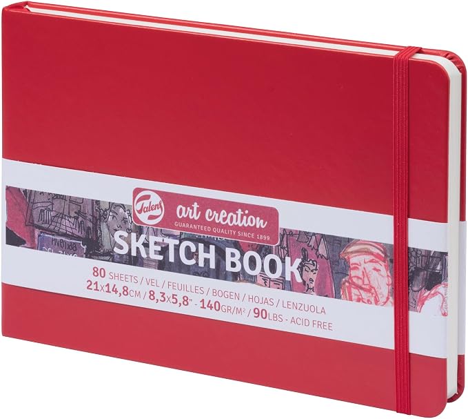 Talens Art Creation Sketchbook Red 14,8X21 cm, 140 Grams | Hard-Bound Pocket Notebook, 140 GSM/94 lbs Paper, Acid-Free Cream Blank Paper, Ribbon Bookmark and Elastic Closure