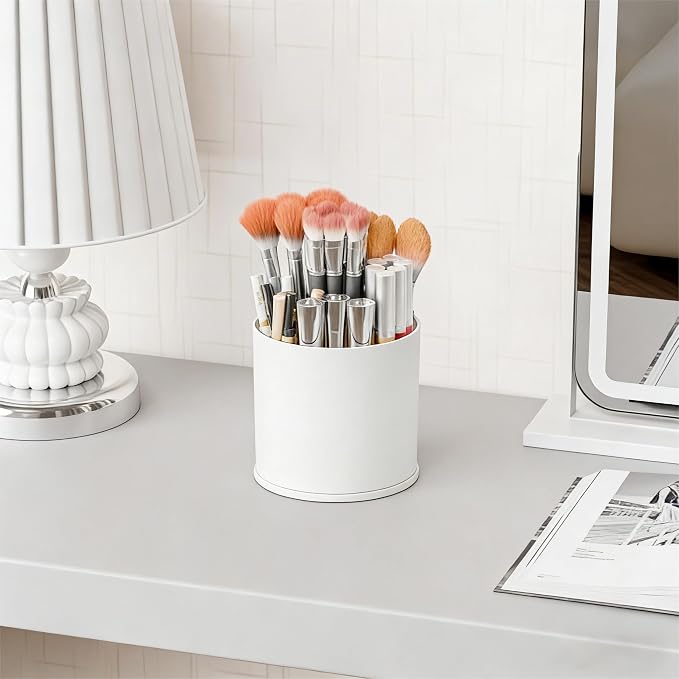 Yieach Rotating Acrylic Makeup Brush Holder for Vanity,Bathroom Countertop,Round Makeup Brushes Organizer,Spinning Cosmetic Brushes Holder,Make up Brush Storage and Office Desk Pen or Pencil Cup,White