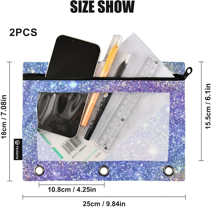 ALAZA Pencil Pouch for 3 Ring Binder, Sparkling Blue Purple Print Binder Pencil Pouches with Clear Window Zipper Pencil Case Cosmetic Bags for Office College Supplies, 2PCS