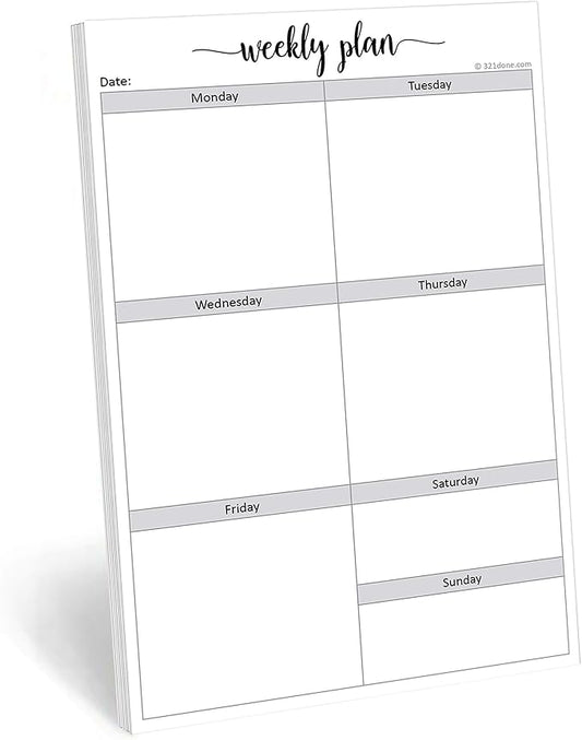 321Done Blank Week Planning Pad - 50 Sheets (5.5" x 8.5") - Weekly Days of Week Notepad, Planner Organizing - Made in USA - Simple Script