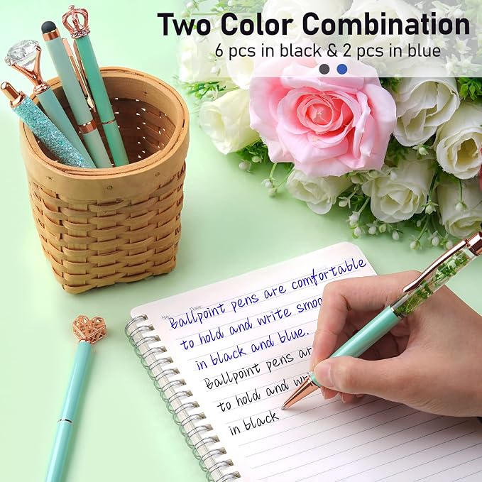 WEMATE 8Pcs Green Pens, Metal Crystal Diamond Pens with Black & Blue Ink | Cute Fancy Pens for Journaling, Office Supplies, Gifts for Women Girls, Birthday & Back to School Supplies