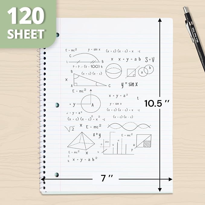 ONAVIA 3 Subject Spiral Notebook College Ruled, 240 Pages | 120 Sheets, 8 x 10.5 in, 3 Dividers, Double-Sided Pockets, School Notebook, Study, Homework, Students