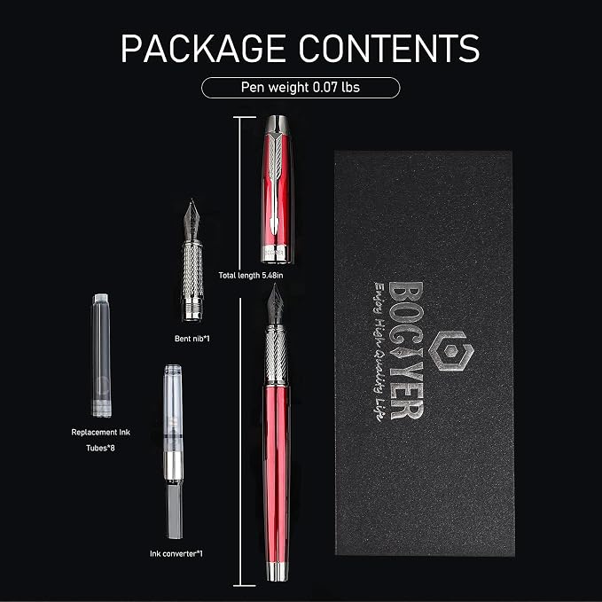 Fountain Pen with Fine Nib & Black Ink, Refillable & Elegant Bent Nib Design, Calligraphy Pens for Writing, Best Fountain Pen for Smooth & Fancy Writing (Black)