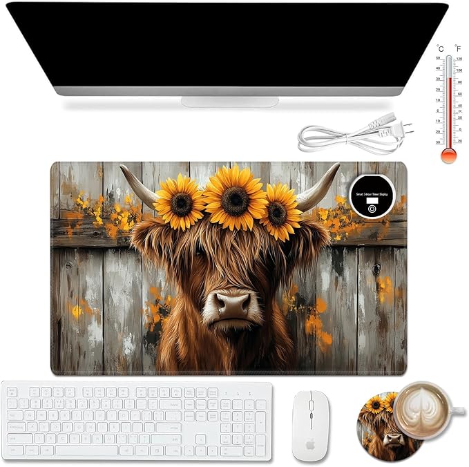 Heated Desk Pad Mouse Pad,Heated Desk Mat,with 3 Heating Levels & 3 Hours Auto Shut-Off,Leather 23.6"*14.2" Gaming Mouse Laptop Mat,Foot Warmer,Highland Cow Wood
