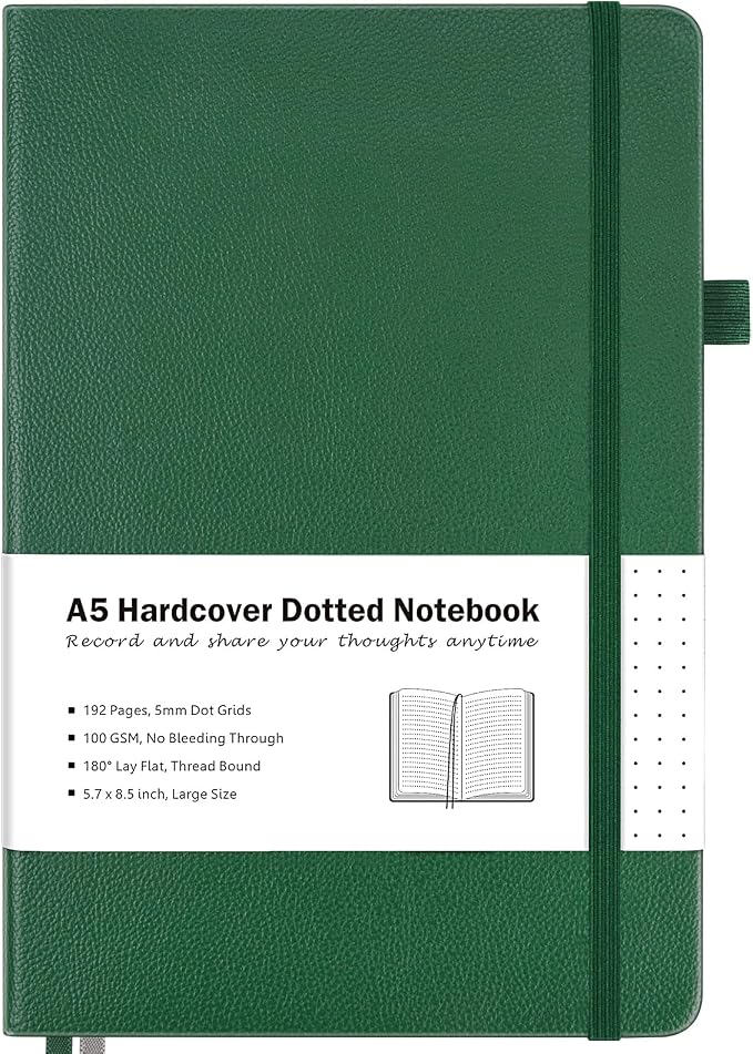 Dotted Journal, Hardcover Leather Dot Grid Notebook Journal for Women Men | No Bleed Thick Paper for Smooth Writing, Lay Flat, A5 Portable Size for Work, School, and Travel, Professional Business Style
