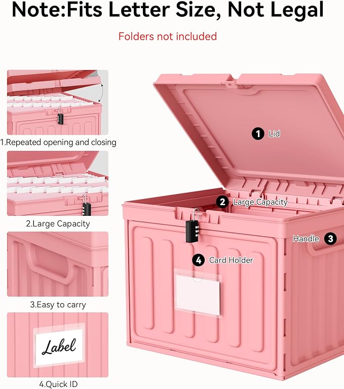 Oterri Lockable Plastic File Box with Lid for Letter-Size | Hanging File Folders Not Included. Pink, Large 2-Pack. Home, Office, Classroom, Dorm, Tax, Under Bed, Filing Cabinet.