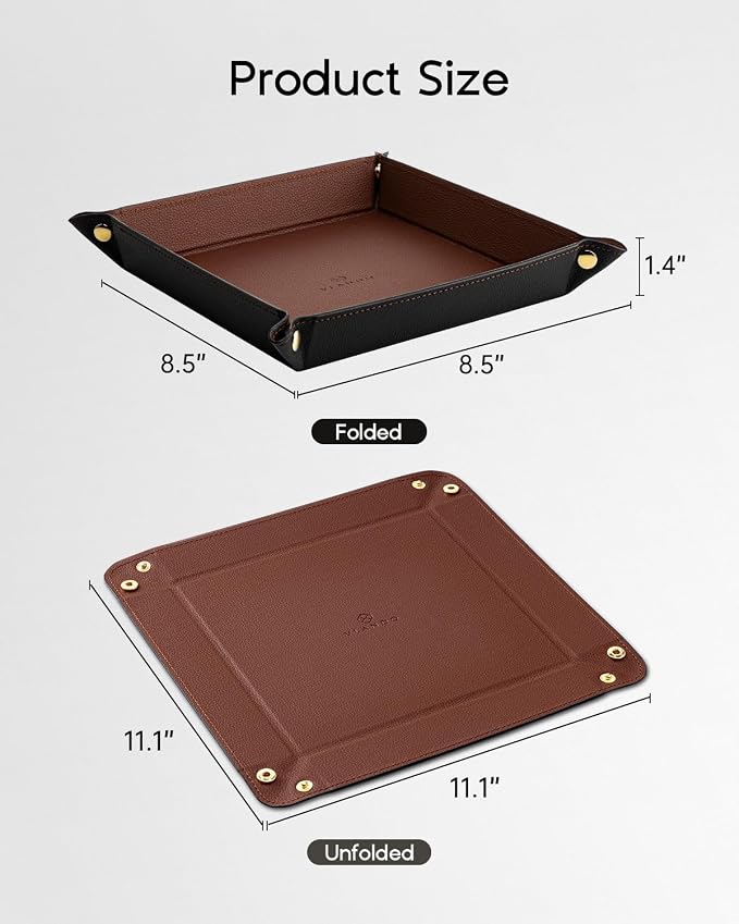 VLANDO Valet Tray Organizer, Foldable PU Leather Catchall Tray, Brown | Large 8.5 Inch Nightstand Dresser Desk and Entryway Organizer for Keys, Wallet, Watch, Phone, Coins and Jewelry