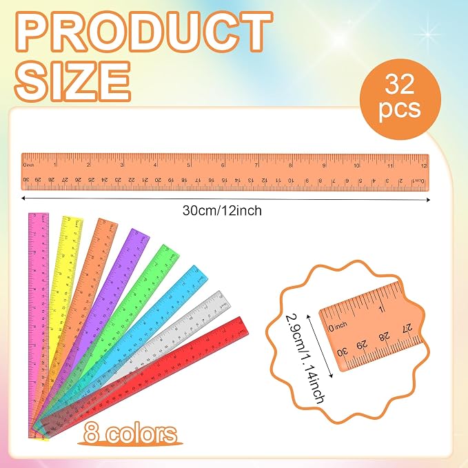 32 Pcs Multicolor Plastic Rulers - 12 Inch Shatterproof Flexible Measuring Tools with in/Cm Scales, Ideal for Classroom, Office & Art Projects