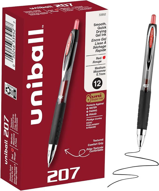 uniball™ 207 Gel Pens, Red Ink, 0.7mm Medium Point, Retractable, 12 Count, Smooth Writing, Fraud-Resistant, uni Super Ink™