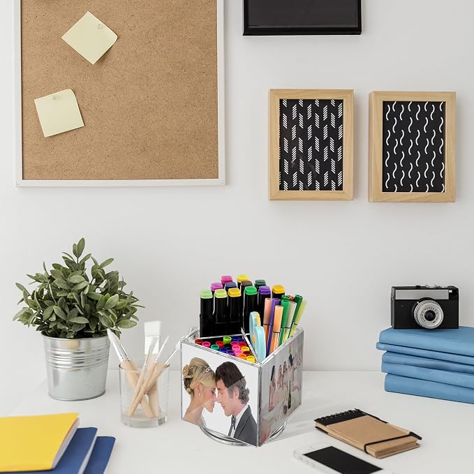 Sherr Acrylic Rotating Photo Pen Holder for Desk, 4-side Photo Cube Magnetic Picture Frame Pen Pencil Holder for Photos of 4" x 4" for Office Desk Tabletop Organizer Decor(for Photos of 4" X 4")