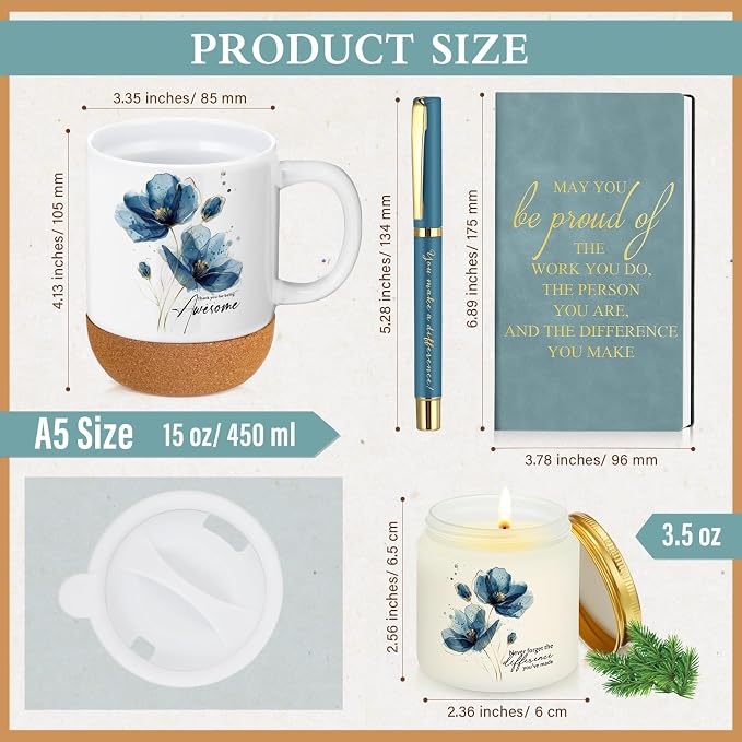 Sayglossy 4 Pcs Thank You Gifts Set for Women Back to School Teacher Appreciation Gift Leather Notebook Blue Flower Coffee Mug Scented Candle Ballpoint Pen for Employee Coworker DSP Housekeeping Week