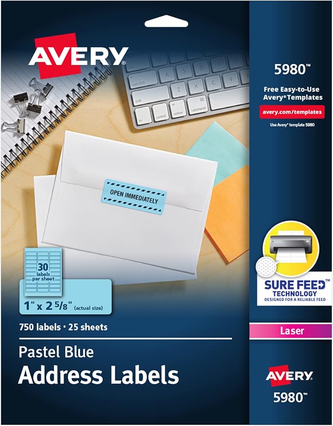 Avery Printable Address Labels with Sure Feed, 1" x 2-5/8", Pastel Blue, 750 Blank Mailing Labels (5980)