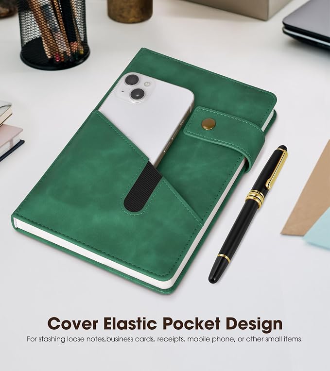 Lined Journal Notebook with Pen, A5 Personalized Hardcover Leather Journal for Men Women, 200 Pages 100 GSM Thick Paper College Ruled Notebooks for Work Travel School Writing Diary 5.9" X 8.4" Green