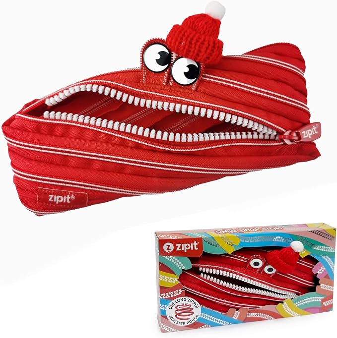 ZIPIT Monster Pencil Case for Kids, One Long Zipper Pencil Pouch, Gift-Ready Stationery Bag for Boys & Girls, Red