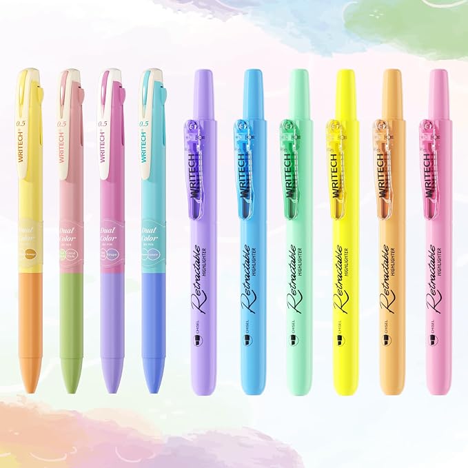 WRITECH Gel Pens Journaling Highlighters: Journal Set Aesthetic Assorted Pastel Color Ink 0.5mm Fine Point Retractable 2 in 1 Pen Smooth Writing Drawing 10ct